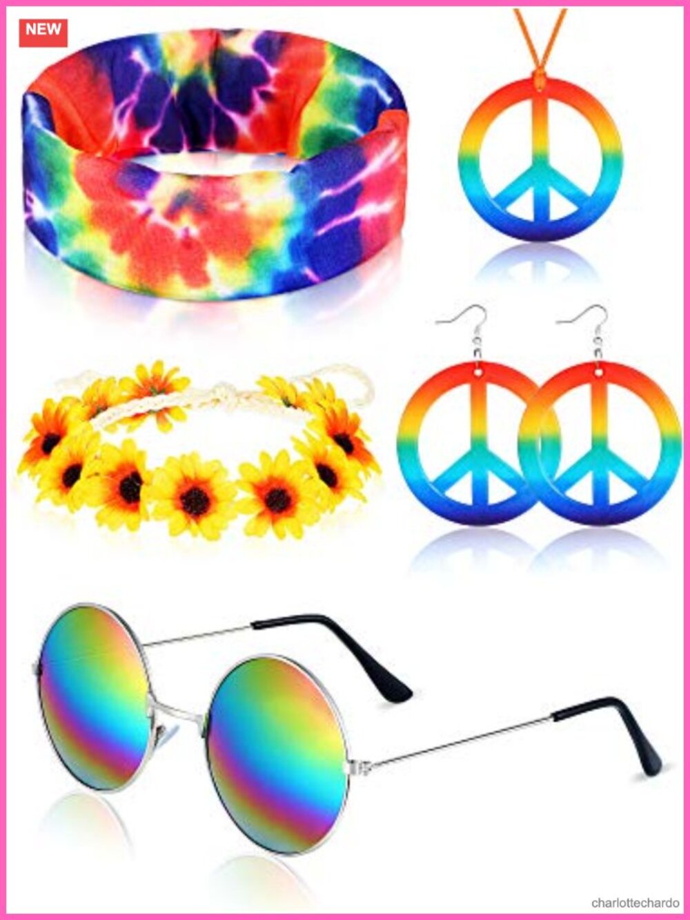 5Pc Hippie Costume Accessory Set Sunglasses Earrings Necklace Headband Bandana